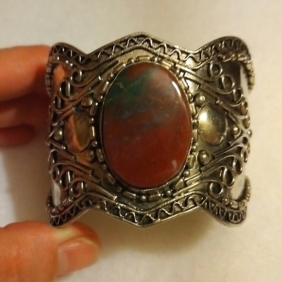 South American Silver cuff Jewelry - Vtg. South America Sterling silver w Red Jasper Stone large Ornate Cuff Bracelet